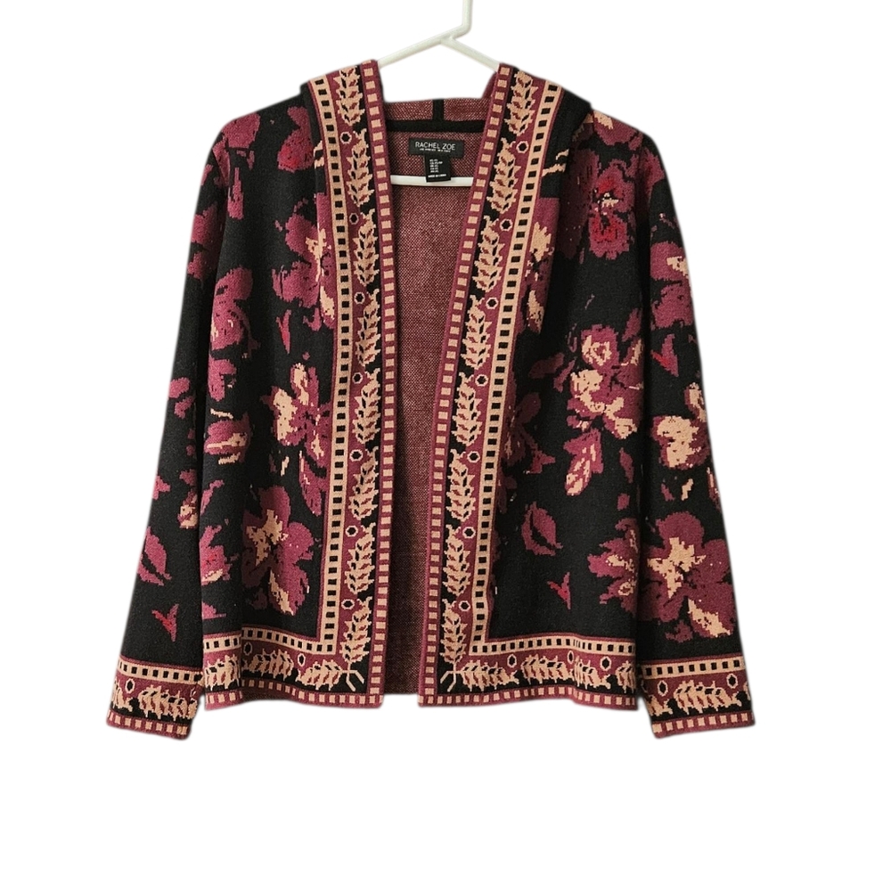 Rachel Zoe Open Front Knit Cardigan Floral Hooded Women's XS Black Burgundy